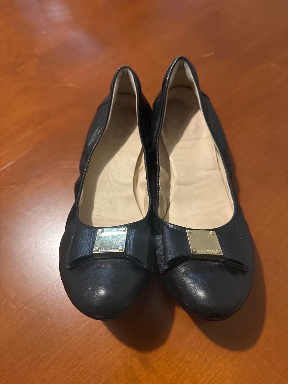 Cole Haan Black Leather Ballet Flats Gold Bow Buckle Elastic Topline